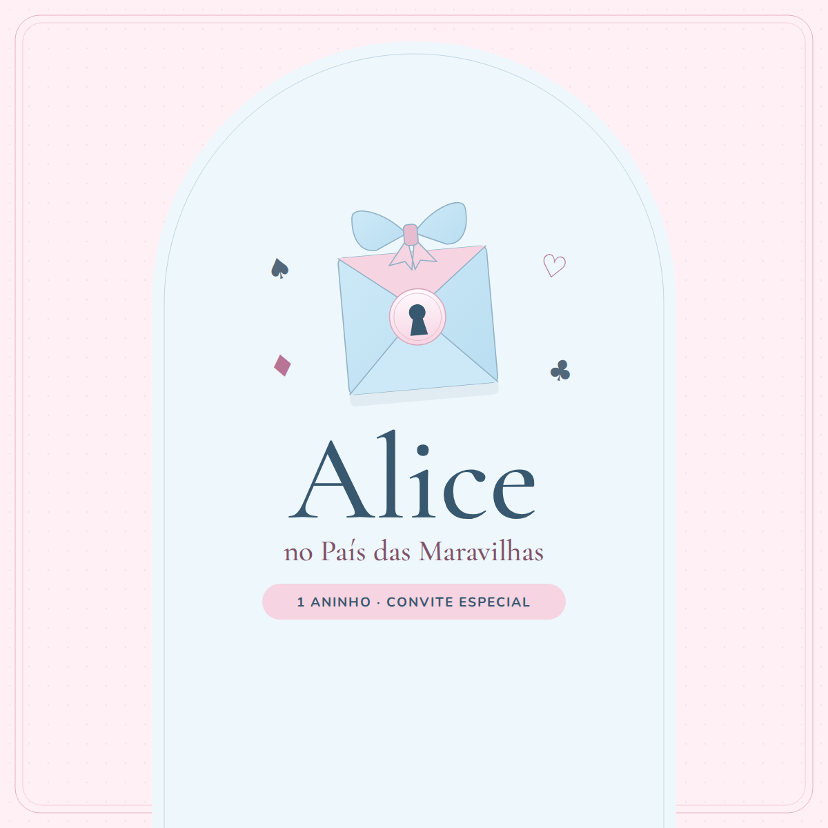 Capa do convite da Alice no País das Maravilhas, com envelope, laço e composição em rosa e azul.